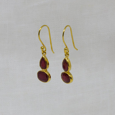 Gold Teardrop and Oval Ruby Drop Earrings