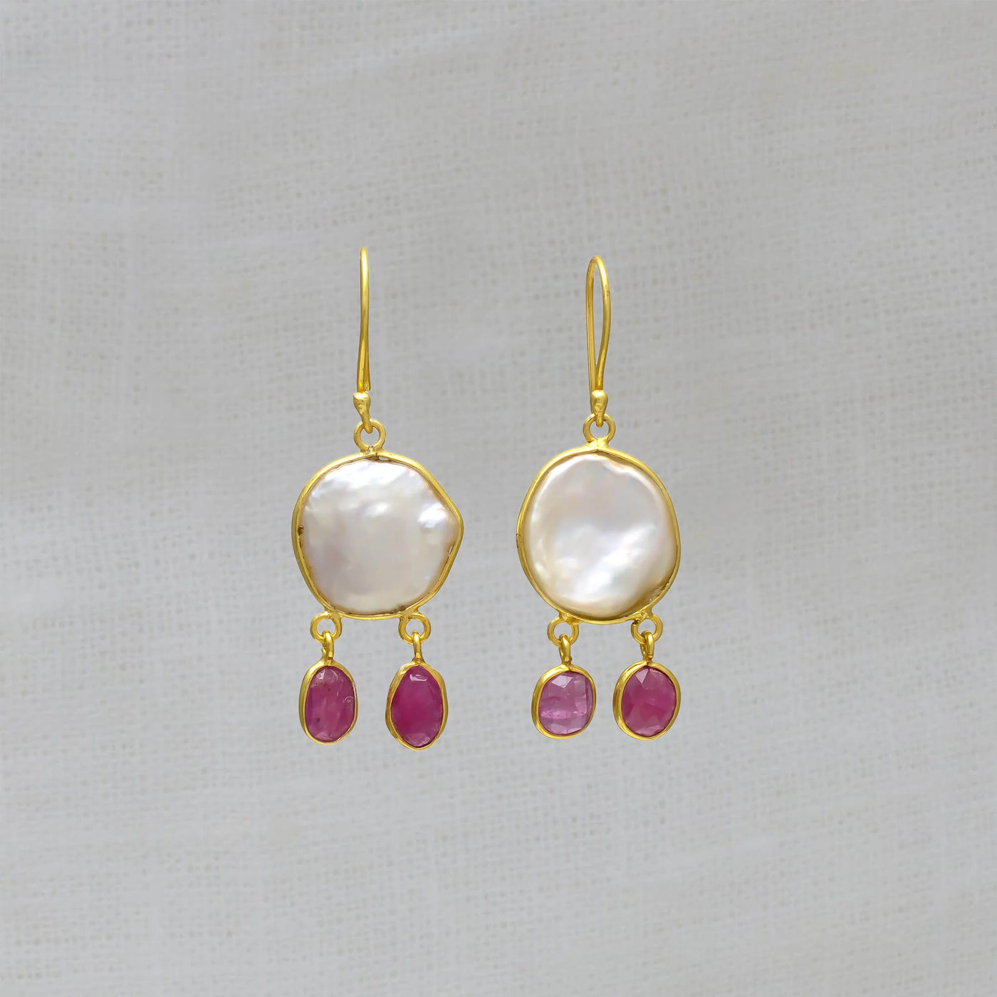 Biwa Pearl and Ruby Drop Earrings