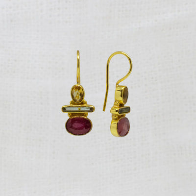 18ct Gold Vermeil Ruby, Tourmaline, Citrine Drop Earrings