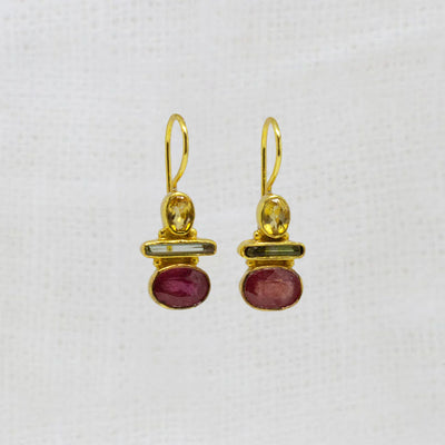 18ct Gold Vermeil Ruby, Tourmaline, Citrine Drop Earrings