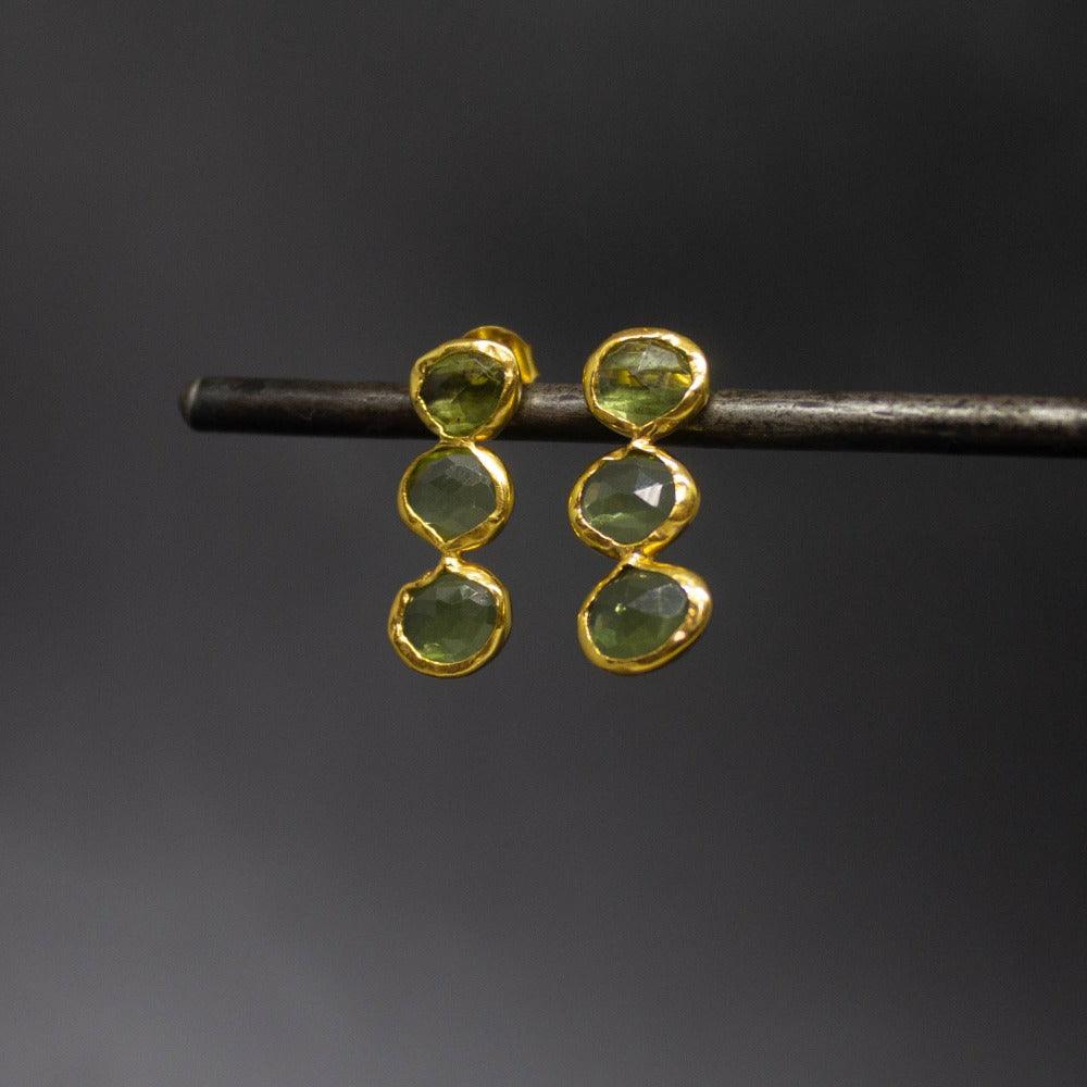 Gold Triple Faceted Peridot Organic Stud Earrings