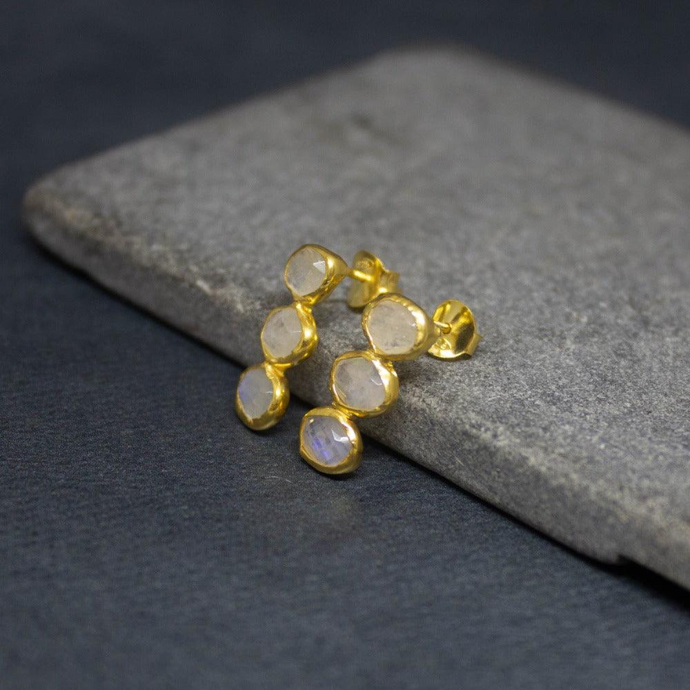 Gold Triple Faceted Rainbow Moonstone Organic Stud Earrings - Rococo Jewellery