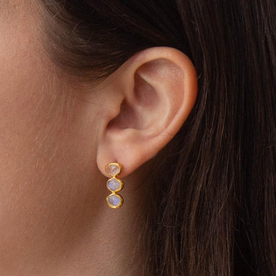 Gold Triple Faceted Rainbow Moonstone Organic Stud Earrings