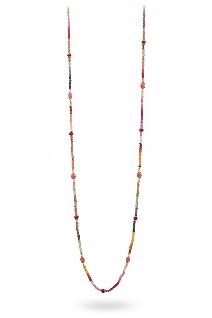 92cm 18ct Gold Vermeil Sapphire and Ruby Long Necklace