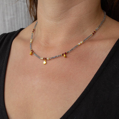 18ct Gold Vermeil Labradorite and Garnet Beaded Necklace