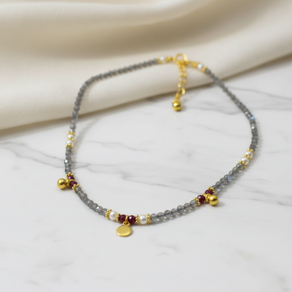 18ct Gold Vermeil Labradorite Ruby & Pearl Necklace