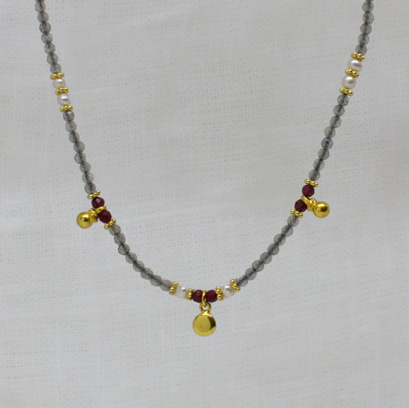 18ct Gold Vermeil Labradorite Ruby & Pearl Necklace