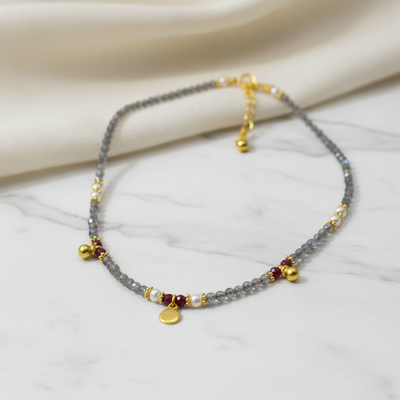 18ct Gold Vermeil Labradorite Ruby & Pearl Necklace