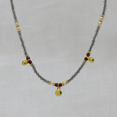 18ct Gold Vermeil Labradorite Ruby & Pearl Necklace
