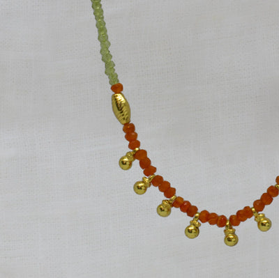 18ct Gold Vermeil Carnelian Peridot Bead & Charm Necklace