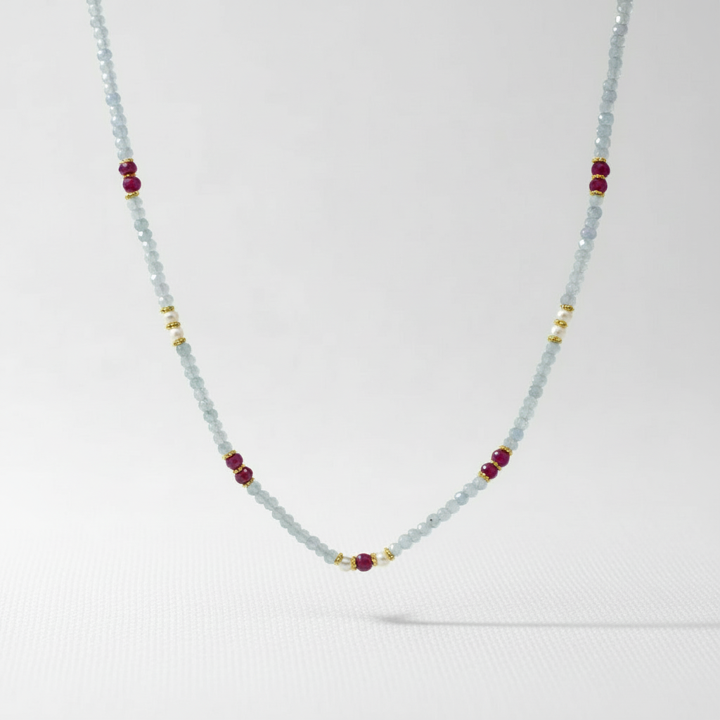 18ct Gold Vermeil Aquamarine Ruby Pearl Beaded Necklace
