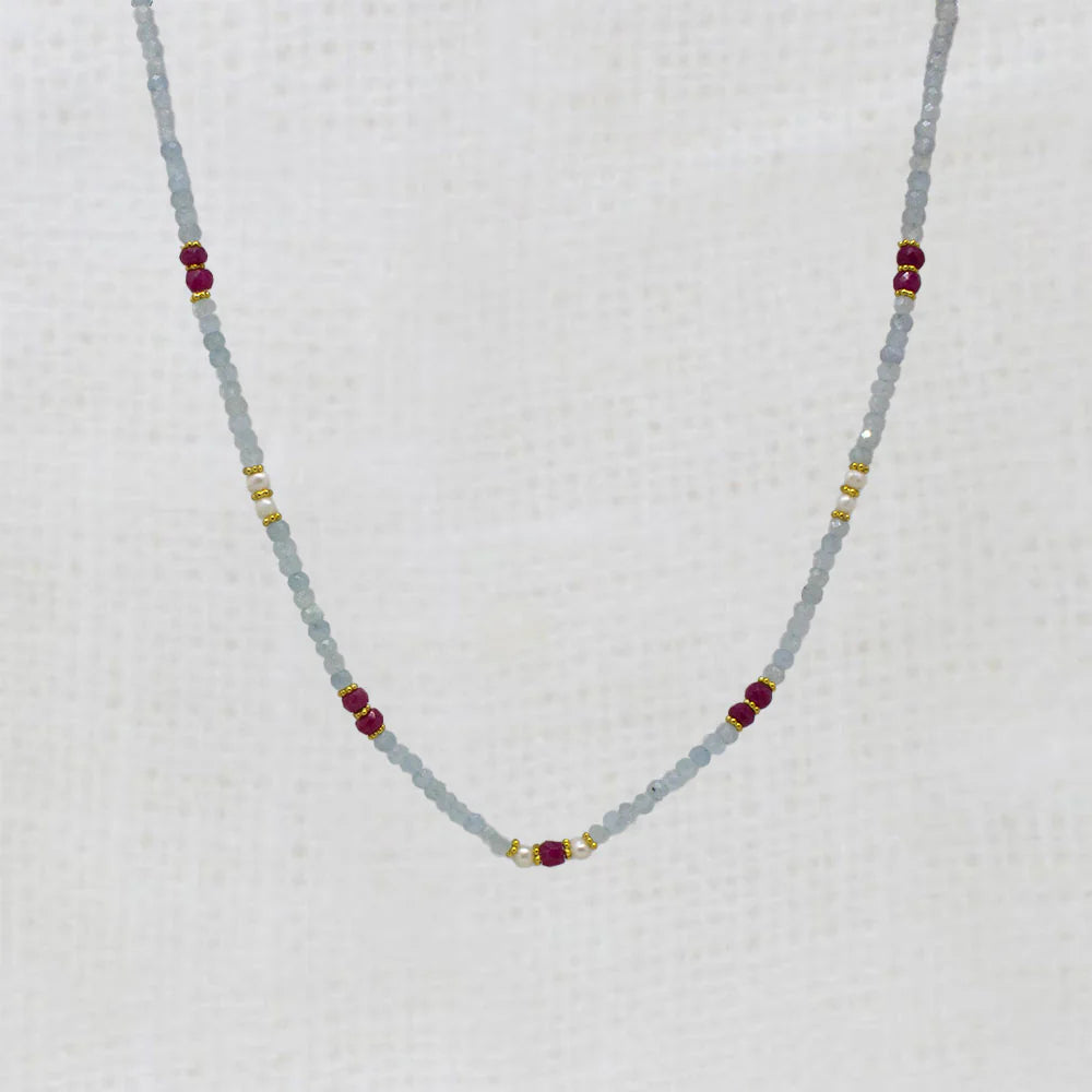 18ct Gold Vermeil Aquamarine Ruby Pearl Beaded Necklace