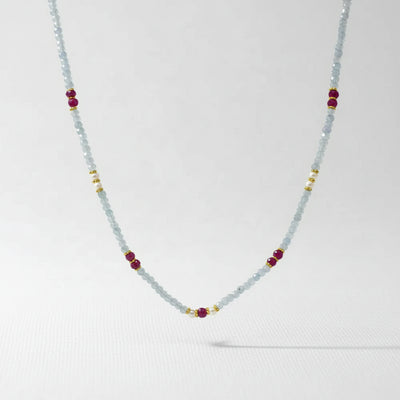 18ct Gold Vermeil Aquamarine Ruby Pearl Beaded Necklace