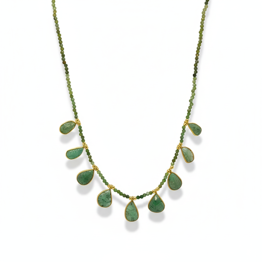 18ct Gold Plated Emerald Beaded Charms Necklace