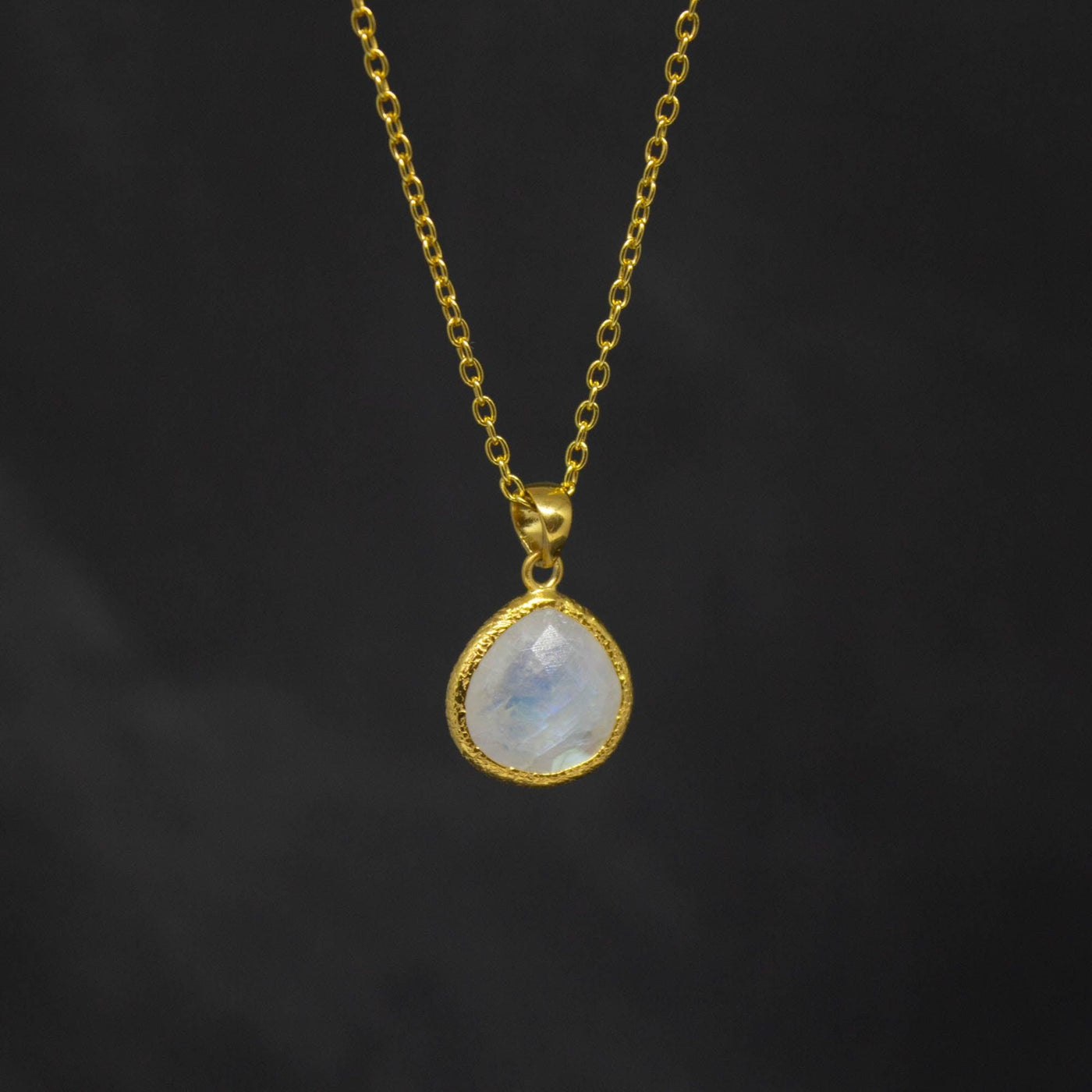 Gold Textured Teardrop Rainbow Moonstone Necklace - Rococo Jewellery