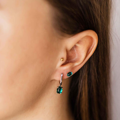 Sterling Silver Hoop Earrings with a Blue Green Charm - Rococo Jewellery
