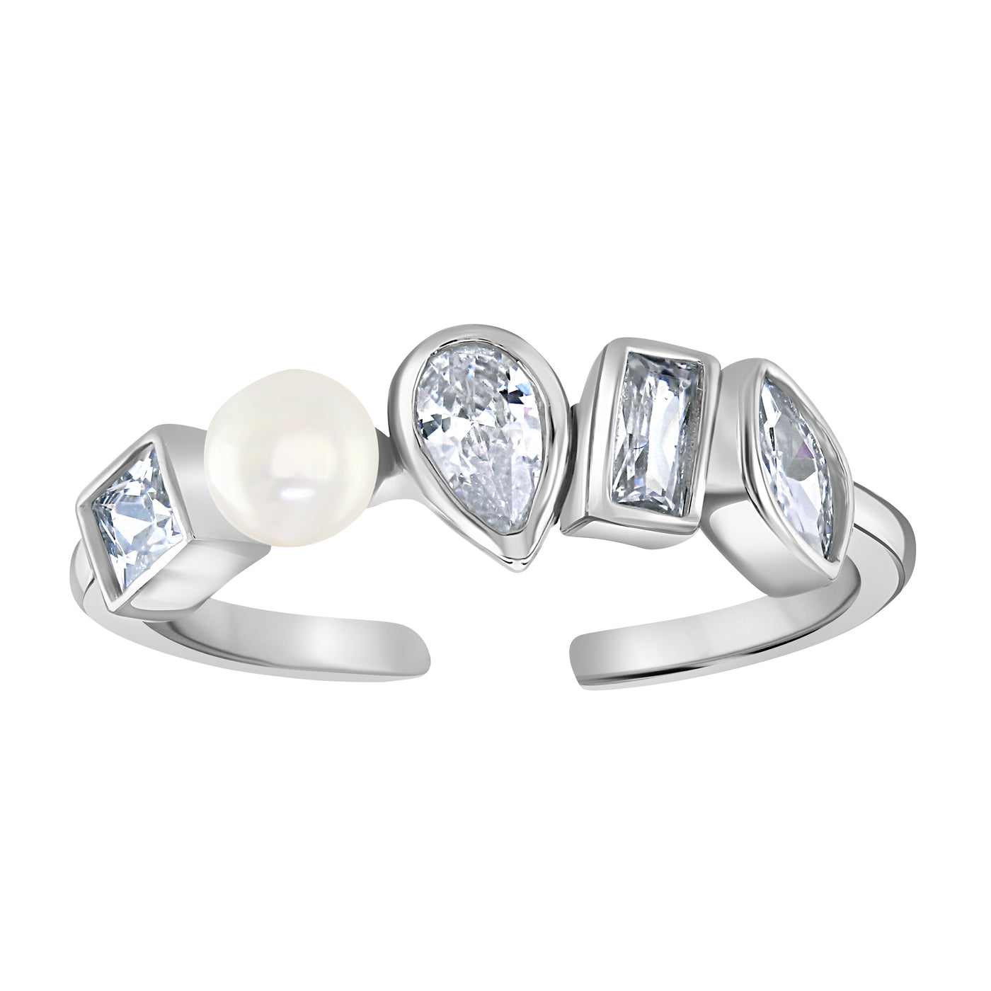 Sterling Silver Pearl Cubic Zirconia Multi Shape Ring