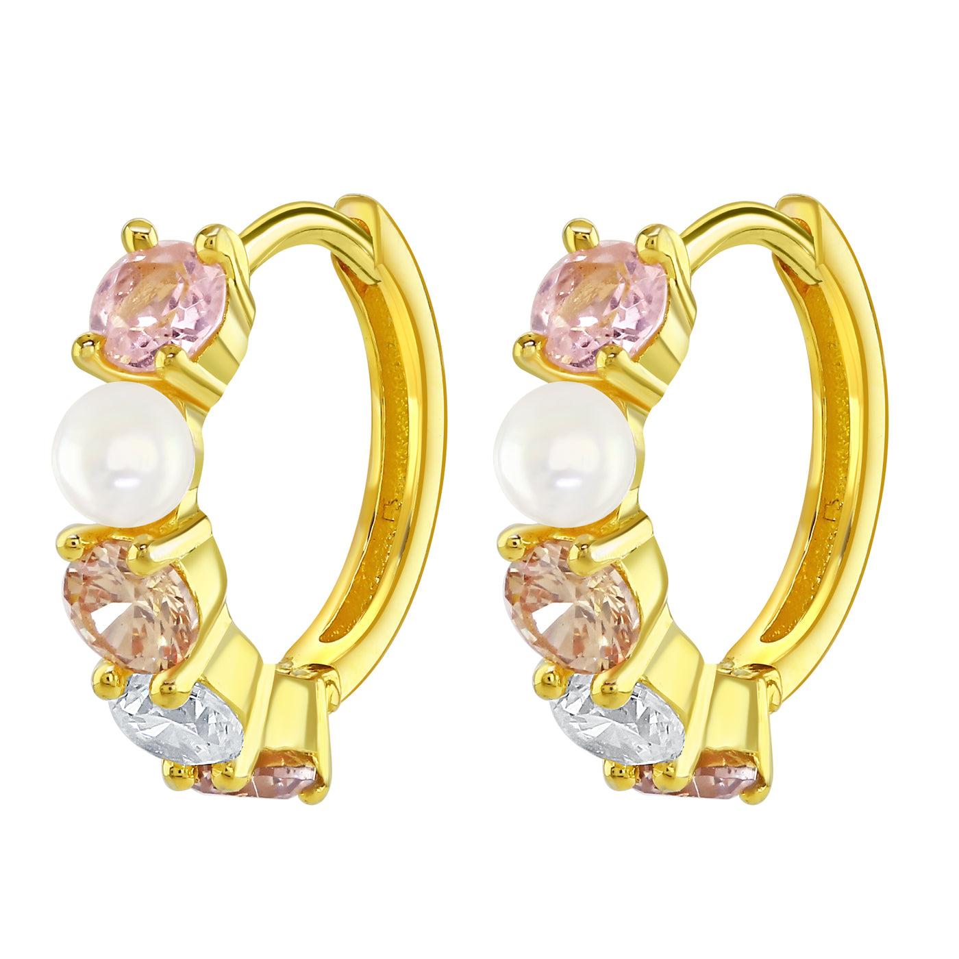 Gold Plated Champagne Cubic Zirconia and Pearl Hoop Earrings