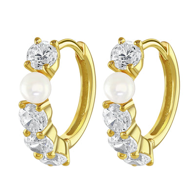 Gold Plated Cubic Zirconia and Pearl Hoop Earrings