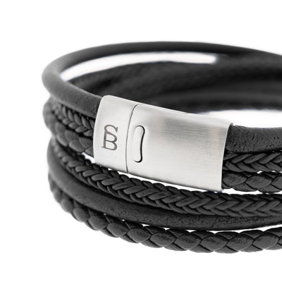 Black Silver Bonacci Wraparound Leather Bracelet