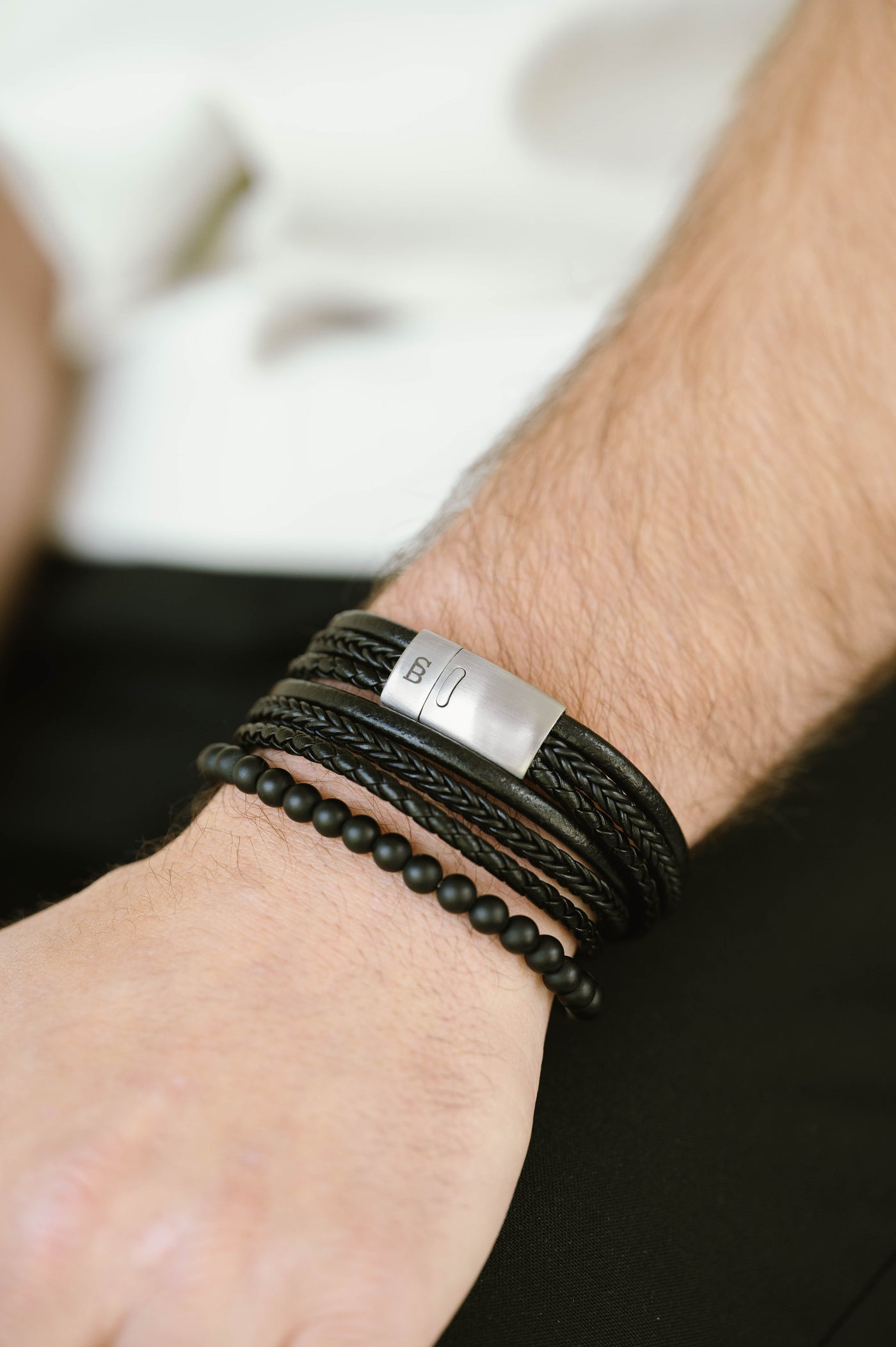 Black Silver Bonacci Wraparound Leather Bracelet