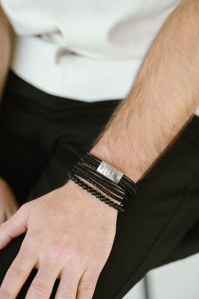 Black Silver Bonacci Wraparound Leather Bracelet