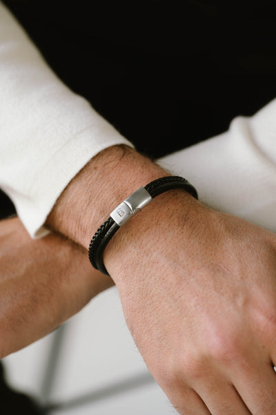 Black Silver Denby Two-Band Leather Bracelet