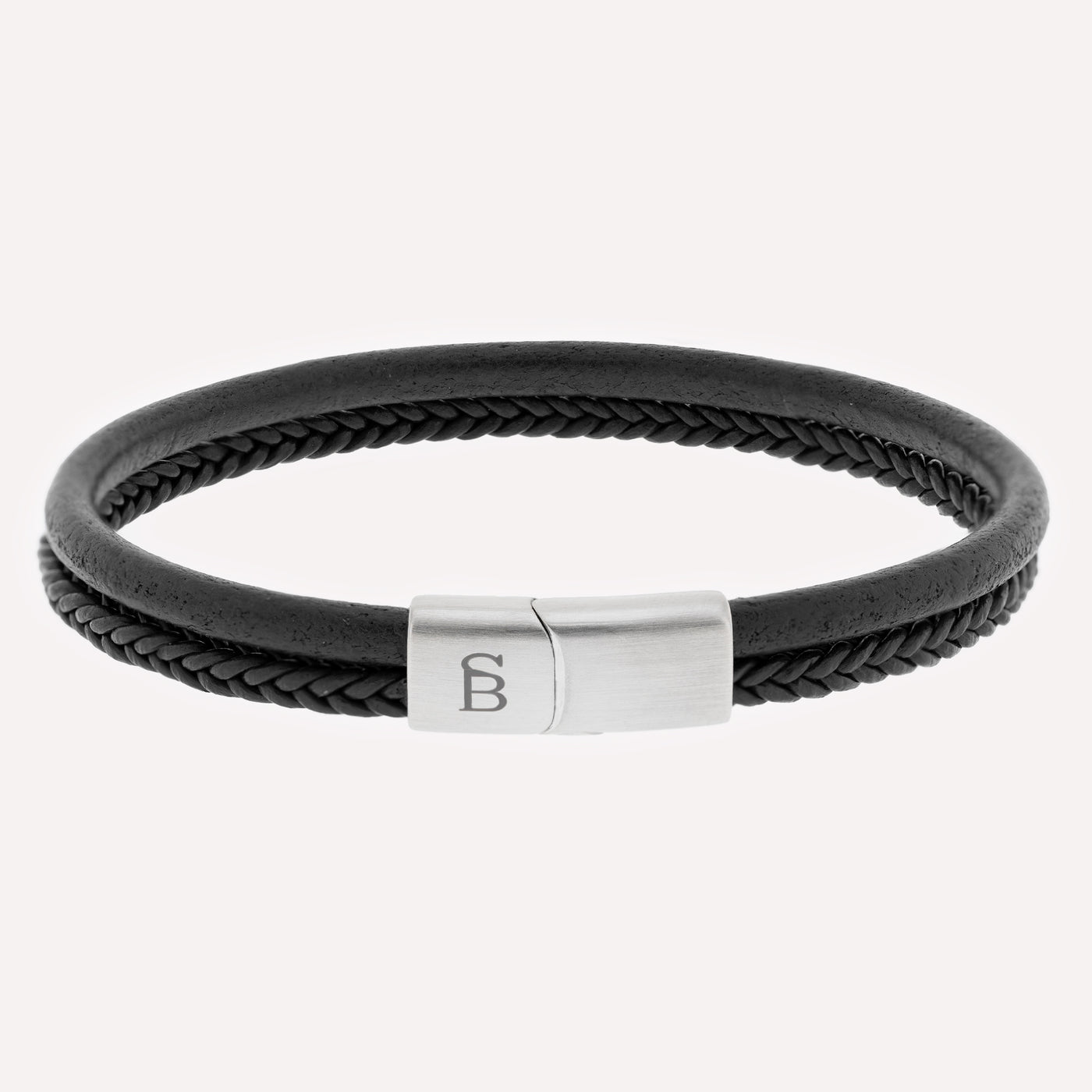 Black Silver Denby Two-Band Leather Bracelet