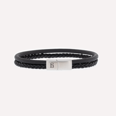 Black Silver Denby Two-Band Leather Bracelet