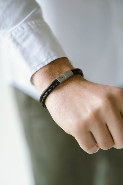 Brown Silver Denby Two-Band Leather Bracelet