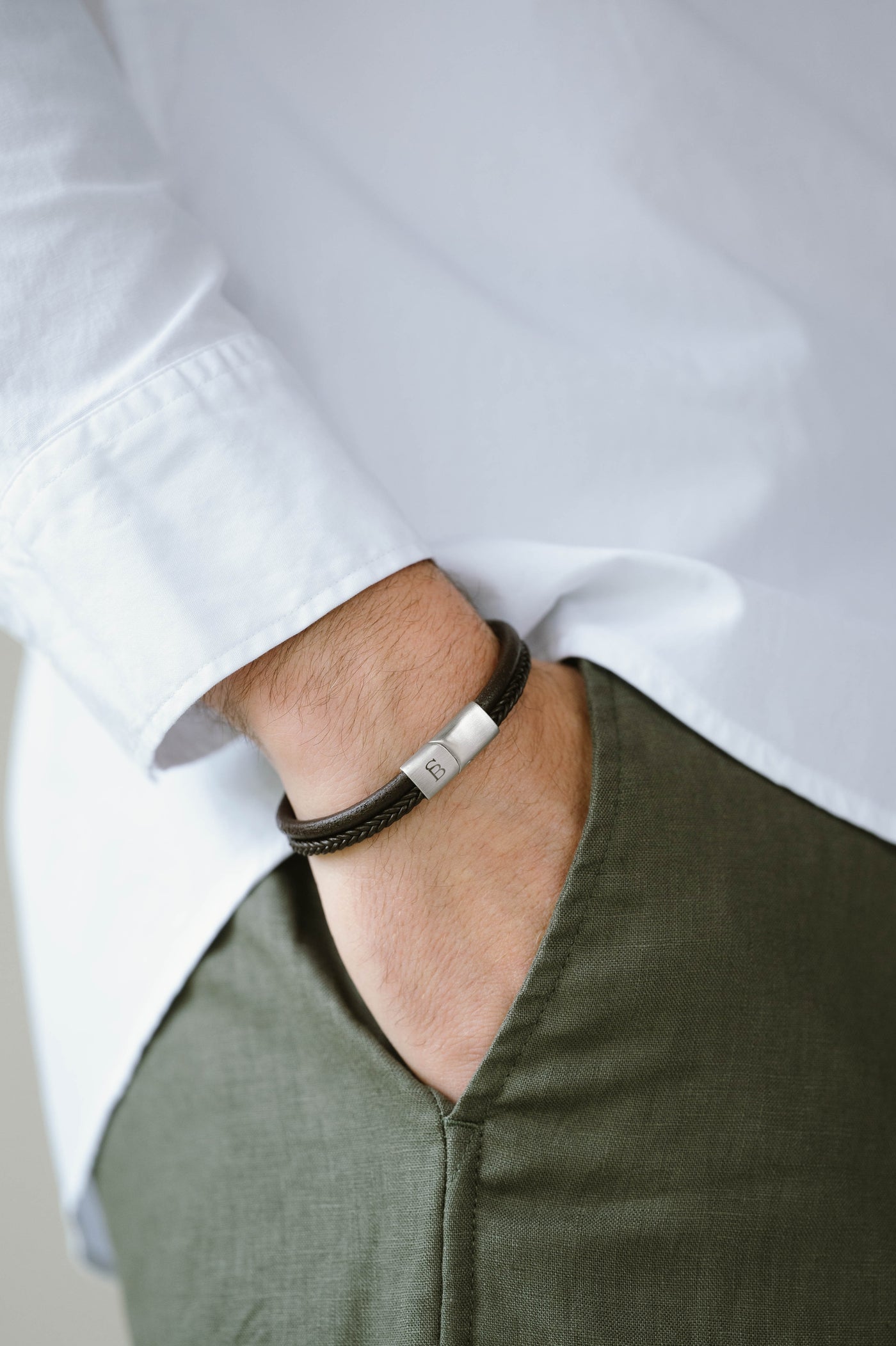 Brown Silver Denby Two-Band Leather Bracelet