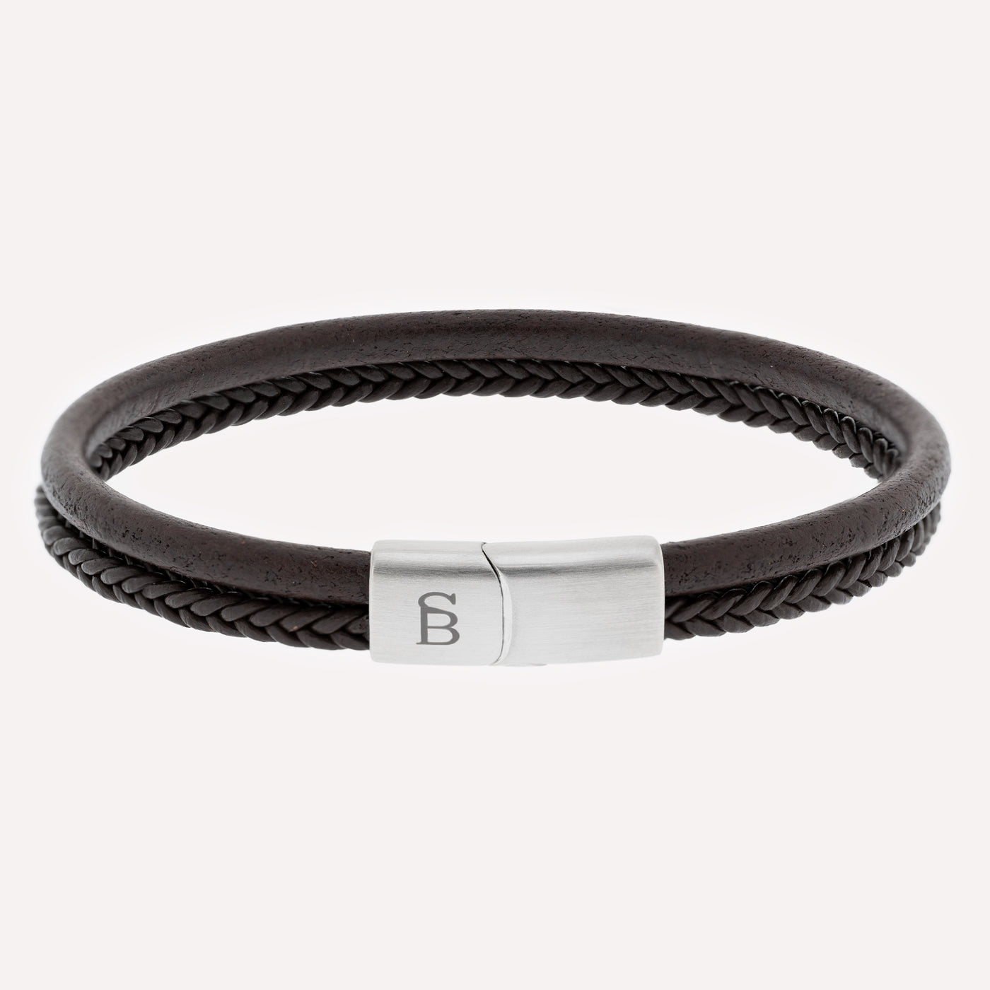 Brown Silver Denby Two-Band Leather Bracelet