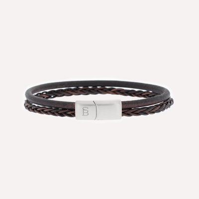 Brown Silver Denby Two-Band Leather Bracelet