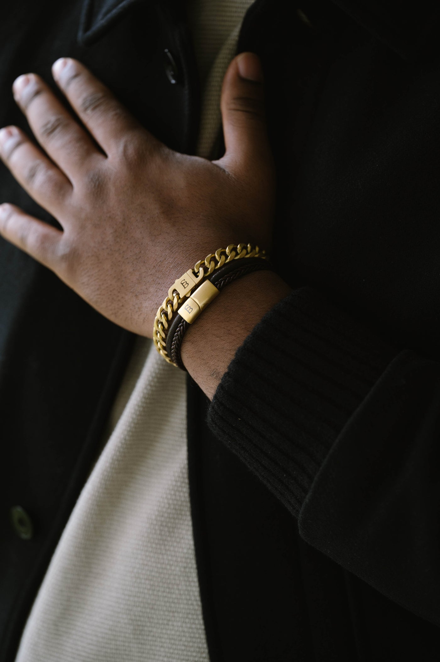 Brown Gold Denby Two-Band Leather Bracelet