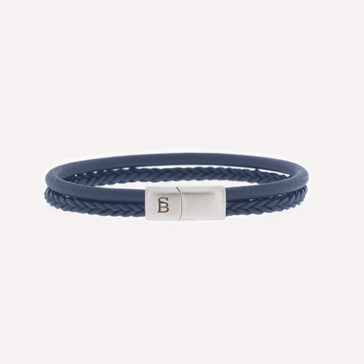 Blue Silver Two-Band Leather Bracelet