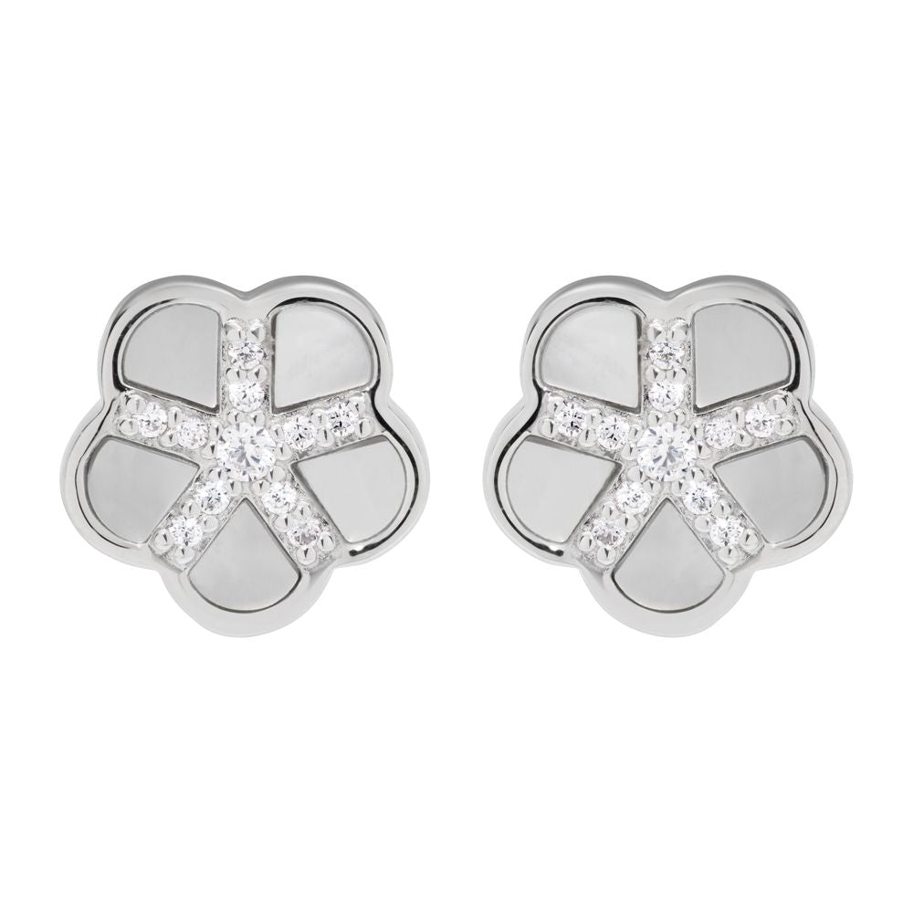 Silver Mother of Pearl Cubic Zirconia Flower Stud Earrings