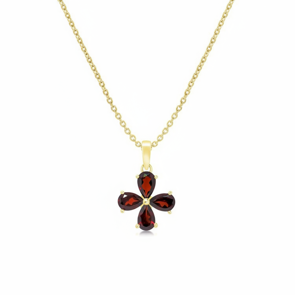 18ct Gold Vermeil Garnet Flower Pendant Necklace