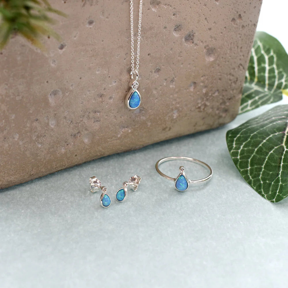 Teardrop Silver And Blue Opal Stud Earrings