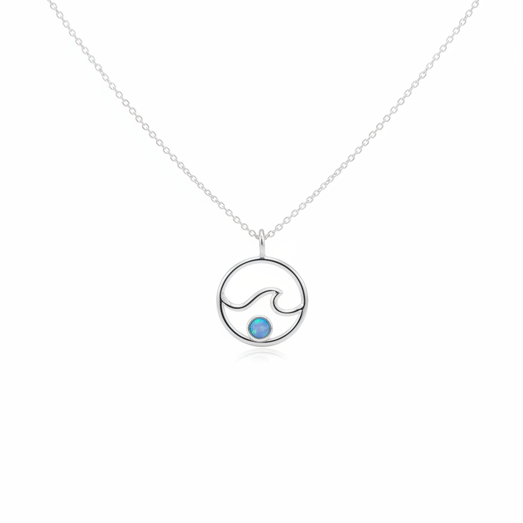 Sterling Silver Blue Opal Wave in Circle Necklace