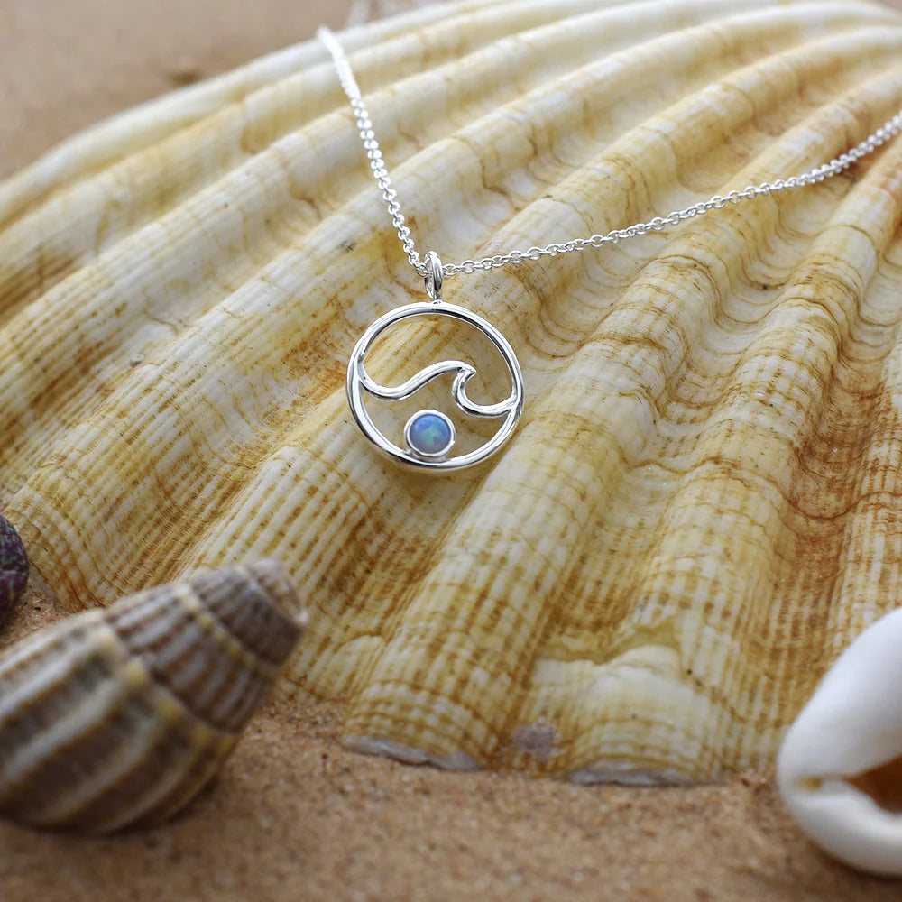 Sterling Silver Blue Opal Wave in Circle Necklace