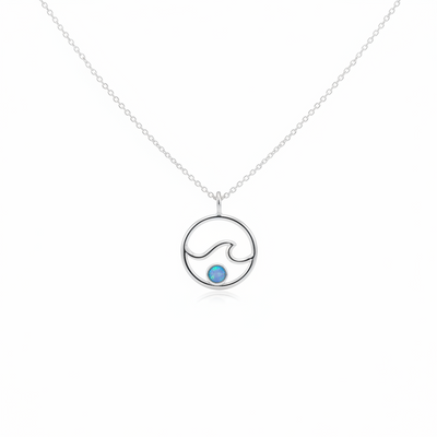 Sterling Silver Blue Opal Wave in Circle Necklace