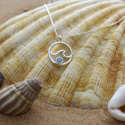Sterling Silver Blue Opal Wave in Circle Necklace