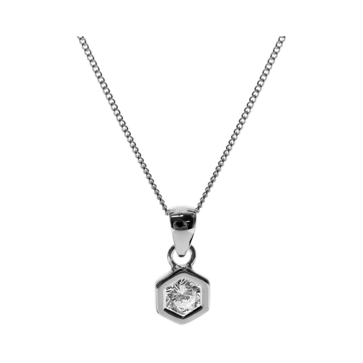 Sterling Silver Cubic Zirconia Hexagon Pendant Necklace