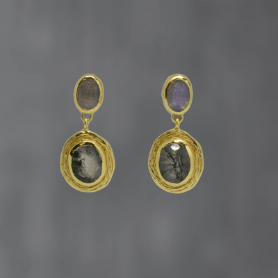 Gold Moss Agate and Labradorite Drop Earrings - Rococo Jewellery