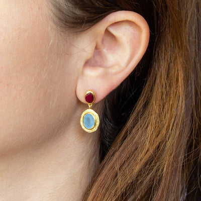 Gold Textured Ruby and Blue Chalcedony Drop Earrings - Rococo Jewellery