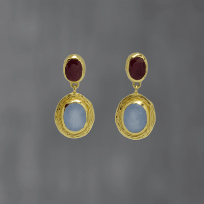 Gold Textured Ruby and Blue Chalcedony Drop Earrings - Rococo Jewellery