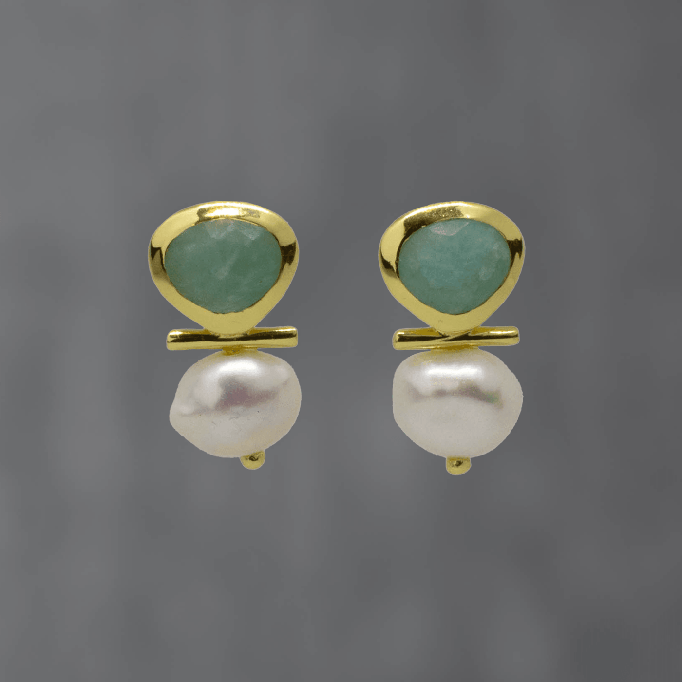 Gold Pearl and Amazonite Bar Stud Earrings - Rococo Jewellery