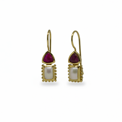 18ct Gold Vermeil Ruby Pearl Hook Earrings