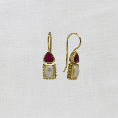 18ct Gold Vermeil Ruby Pearl Hook Earrings