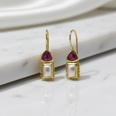 18ct Gold Vermeil Ruby Pearl Hook Earrings